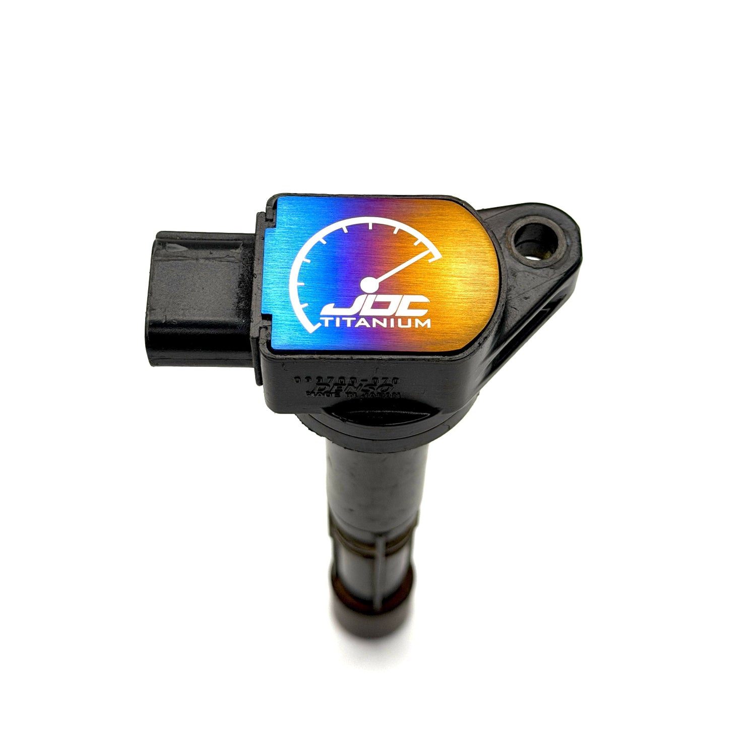JDC Titanium ignition coil plaque on a white background.