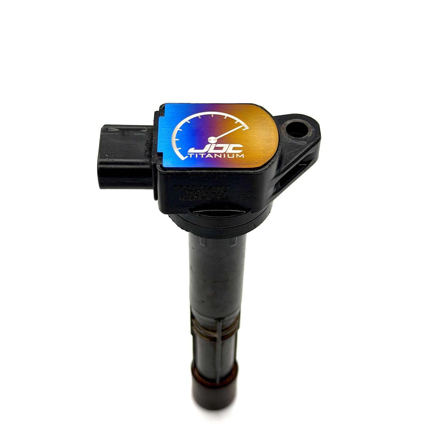 Honda denso coil 099700-070 with JDC Titanium coil plaque in a burnt gradient color with JDC Titanium speedometer logo