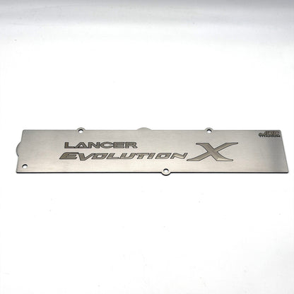 Bare titanium spark plug cover for Evolution X with a bare logo and dark outline.