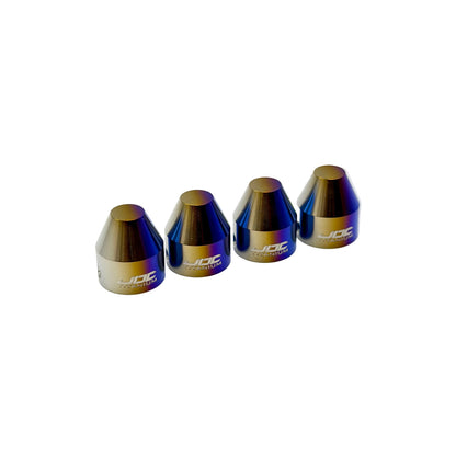 JDC Titanium Caps for Brembo Brake Bleeders in the burnt color with JDC Titanium logo