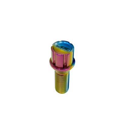 JDC Titanium Locking Lug Bolt M14x1.25 in a rainbow anodized finish with JDC Titanium logo.