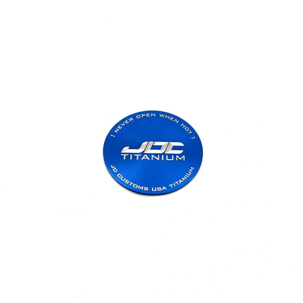 JDC Titanium Radiator Cap Plaque | Universal — Blue — JDC Titanium Logo