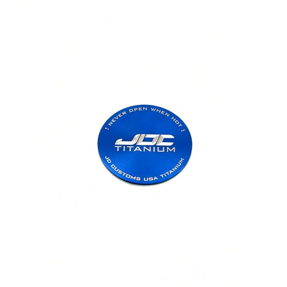 JDC Titanium Radiator Cap Plaque | Universal — Blue — JDC Titanium Logo