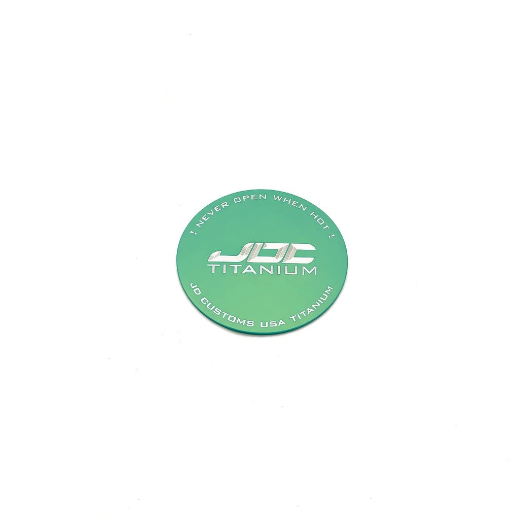 JDC Titanium Radiator Cap Plaque | Universal — Green — JDC Titanium Logo