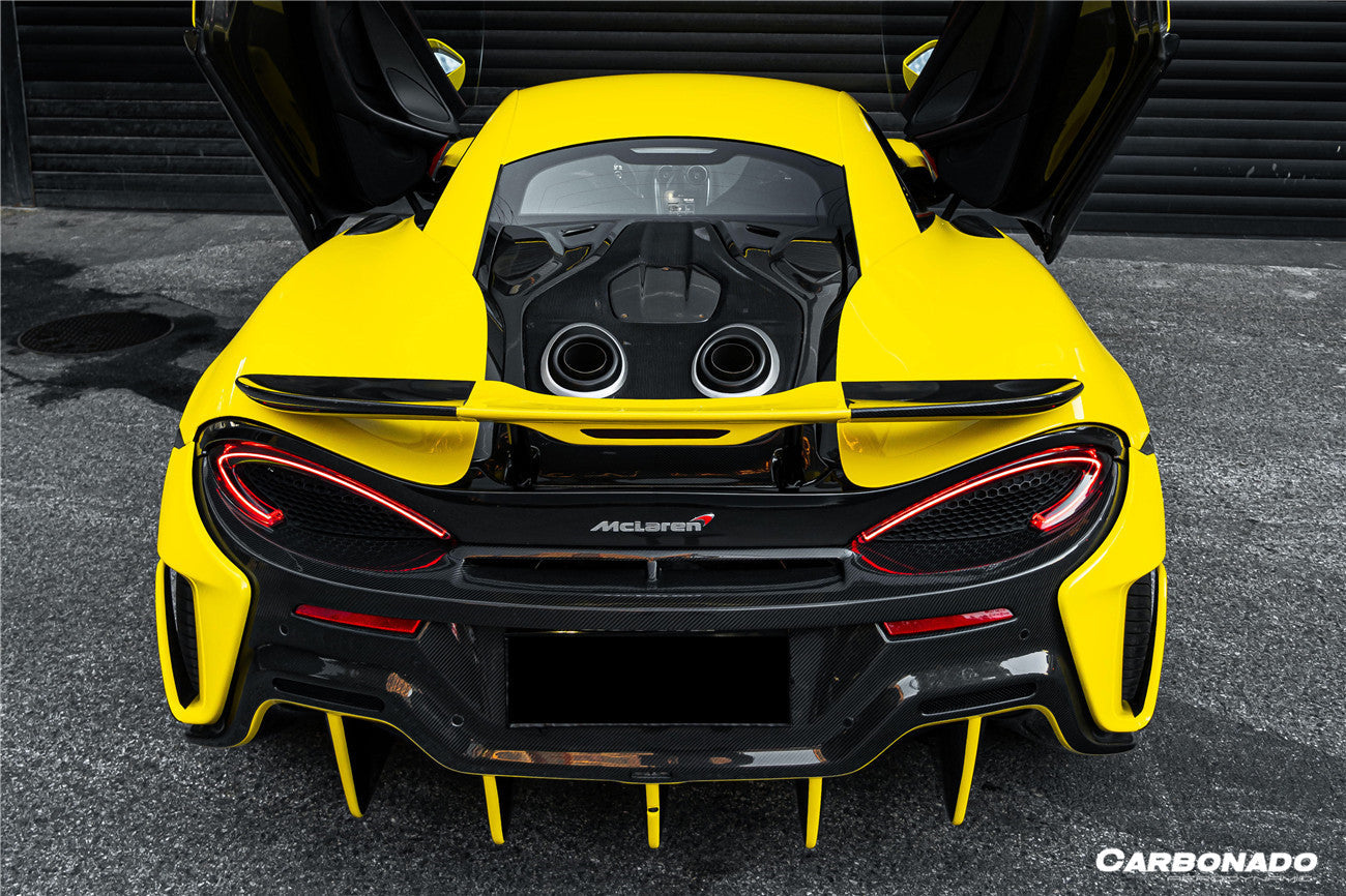 Parachoques trasero de fibra de carbono estilo 600LT para McLaren 540C, 570S y 570GT Carbonado 2015-2020 con difusor, alerón de maletero, motor, maletero y escape.