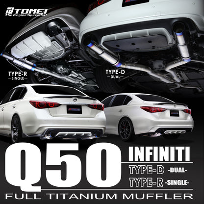 Promotional image of Infiniti Q50 with full titanium muffler options, featuring Tomei brand.