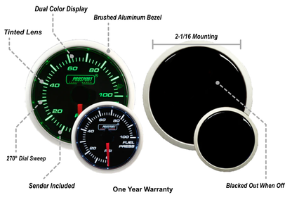 Manómetro de presión de combustible Prosport de 2-1/16" verde/blanco