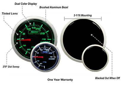Prosport 2-1/16" Green/White Mechanical Boost Gauge