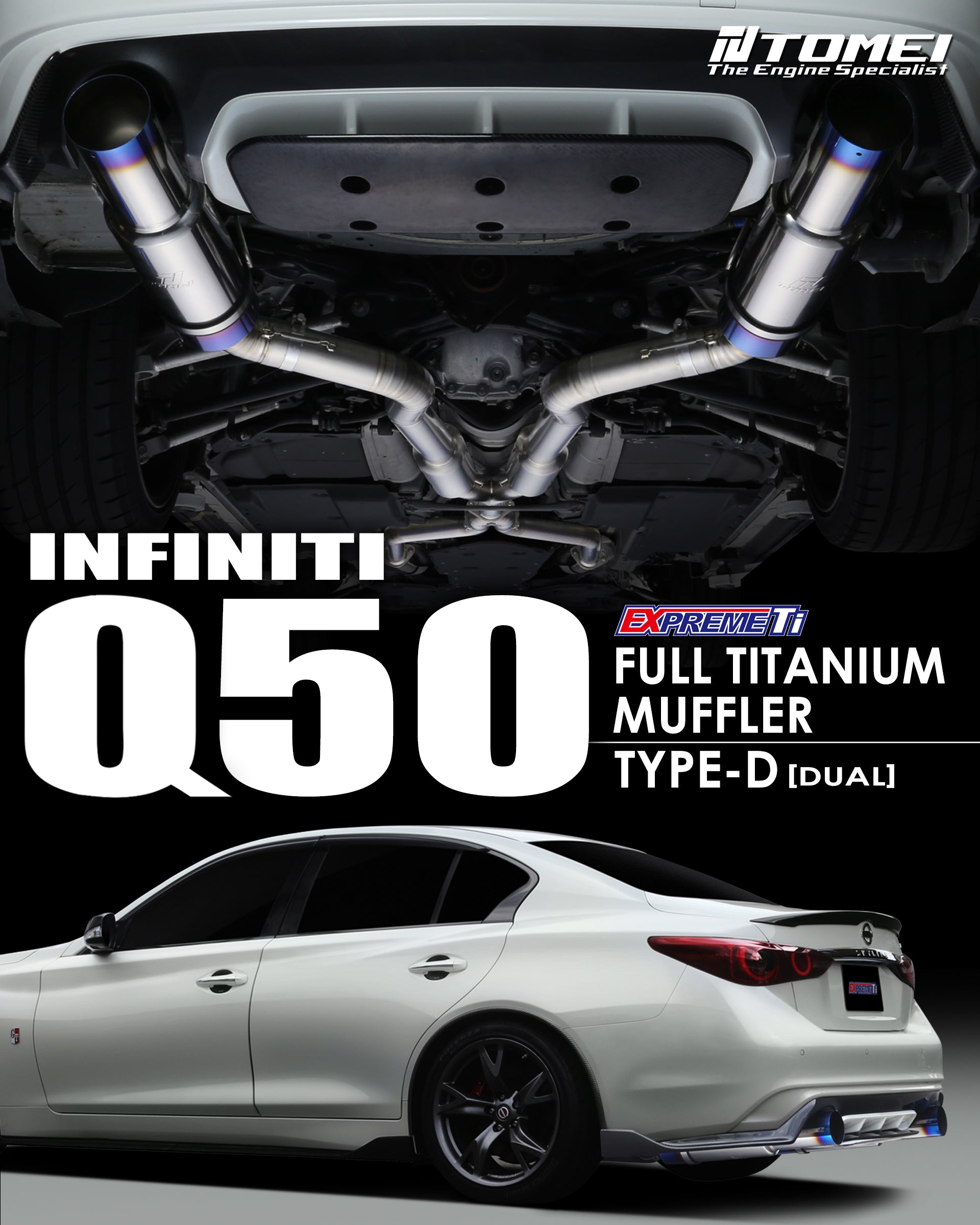 White Infiniti Q60 with a dark background and Tomei dual exhaust system.