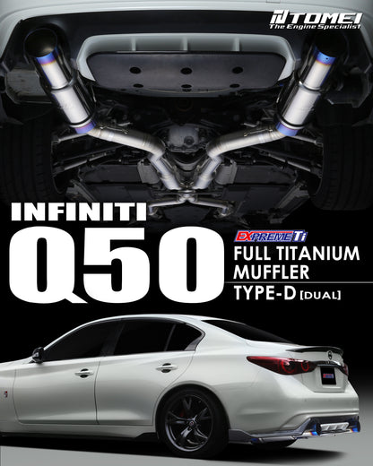 White Infiniti Q60 with a dark background and Tomei dual exhaust system.