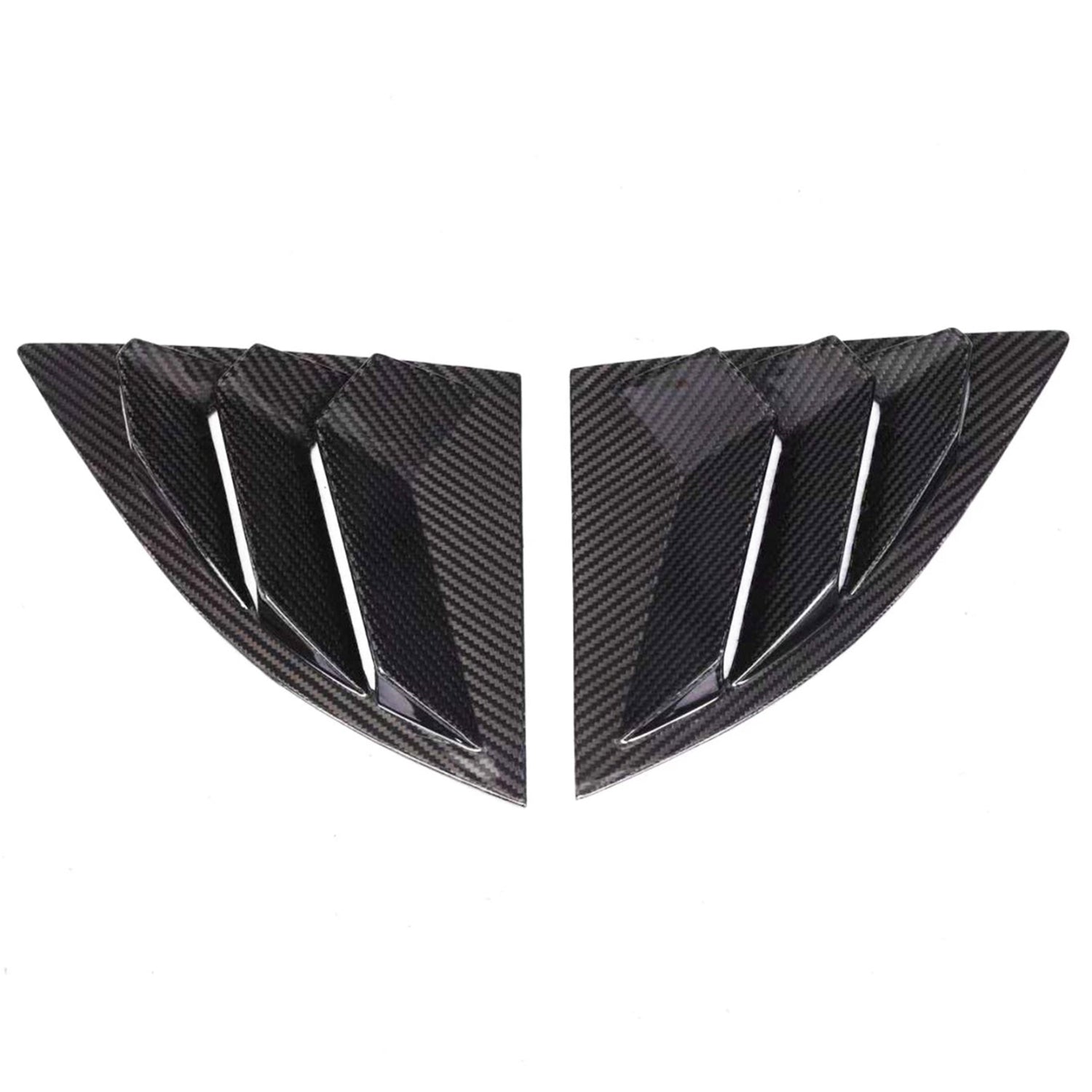 Two carbon fiber car window louvers on a white background
