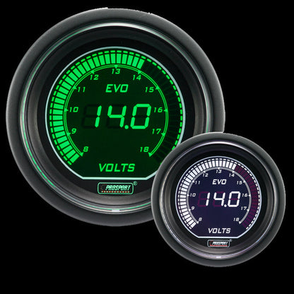 Medidor de voltaje eléctrico Prosport Evo de 2-1/16" (blanco y verde)