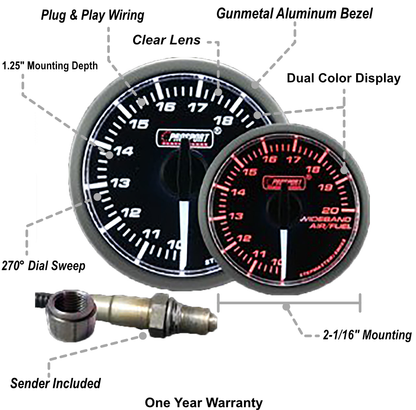 Prosport 2-1/16" Wideband Premium White Pointer Clear Lens Air Fuel Ratio kit-Amber/White