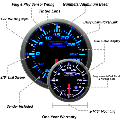 Prosport 2-1/16" Premium Electric Boost gauge Blue/White