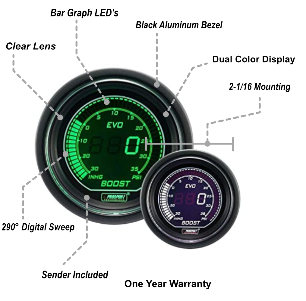 Medidor de presión de aceite eléctrico Prosport Evo de 2-1/16" (verde y blanco)