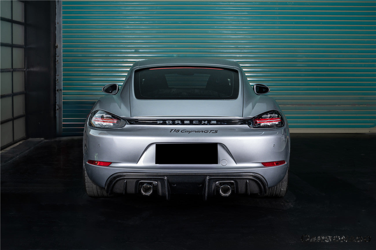 Difusor trasero de fibra de carbono estilo autoclave Porsche 718 Cayman Boxster GT4RS Carbonado 2017-2025 con alerones y puntas de escape