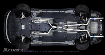 Top-down view of a car's undercarriage with Tomei exhaust system labeled