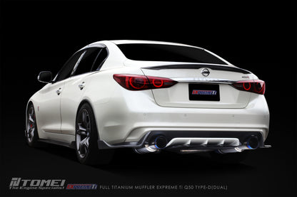 White Infiniti Q60 with a dark background and Tomei dual exhaust system.