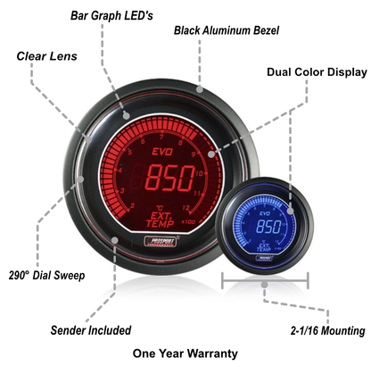 Medidor de temperatura de gases de escape eléctrico Prosport Evo de 2-1/16" (en grados Celsius)