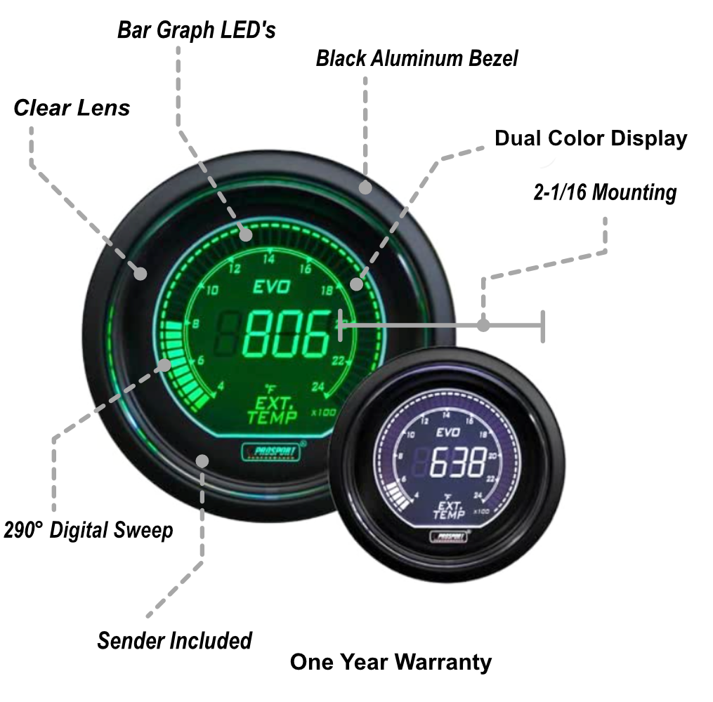 Prosport 2-1/16" Evo Electrical Green and White Exhaust Gas Temperature Gauge-