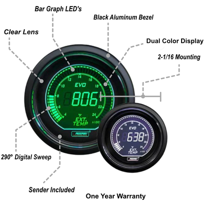Prosport 2-1/16" Evo Electrical Green and White Exhaust Gas Temperature Gauge-