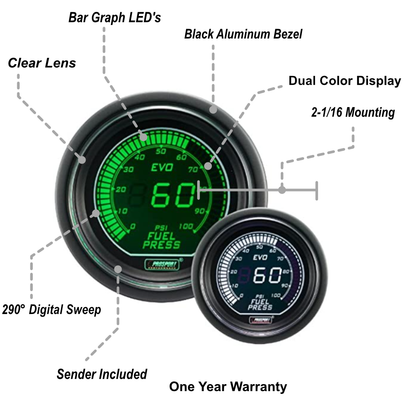 Prosport 2-1/16" Evo Electrical White and Green Fuel Pressure Gauge