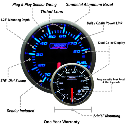 Manómetro de presión de combustible Prosport Premium azul/blanco de 2-1/16"