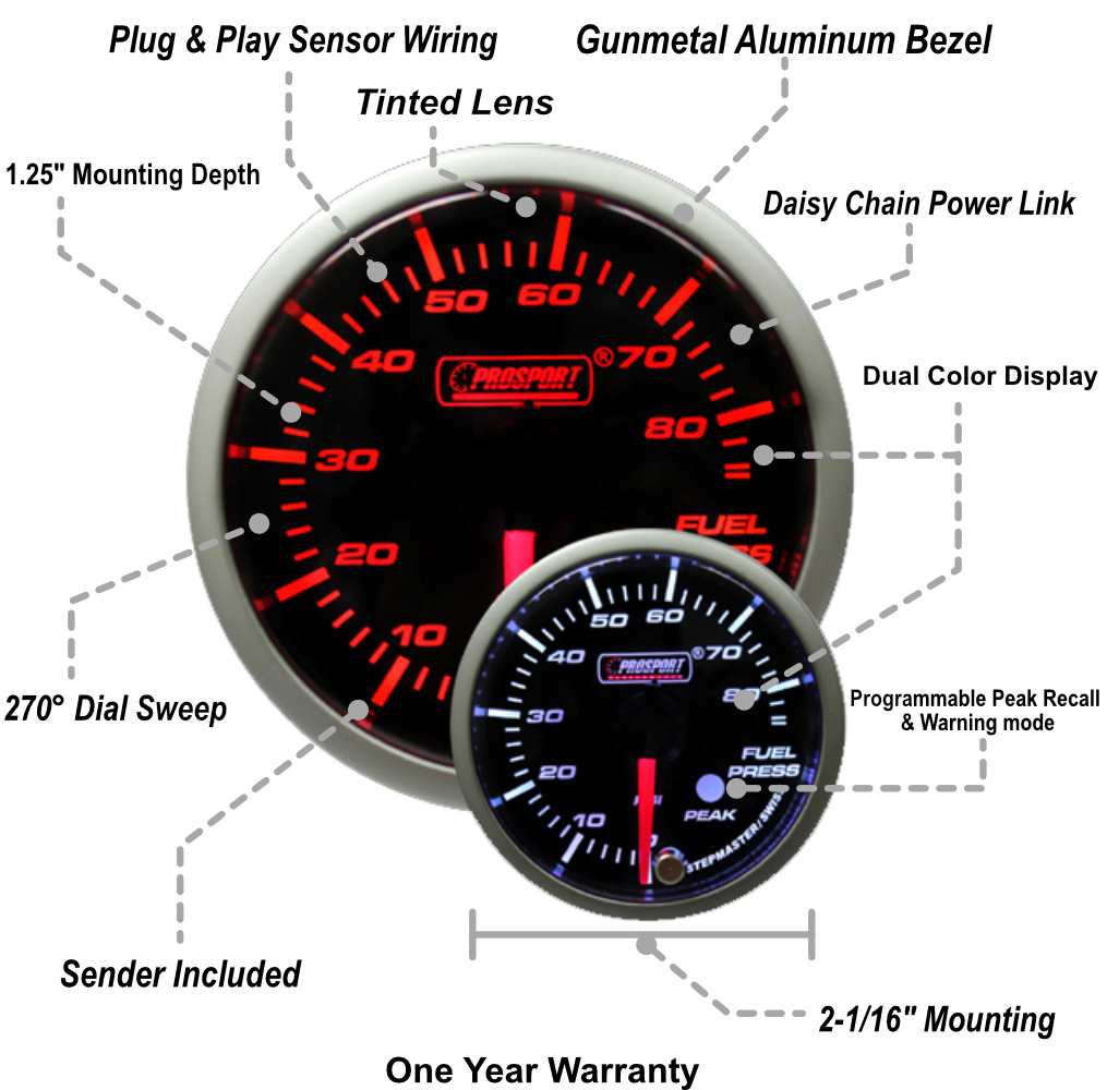 Prosport 2-1/16" Premium Amber/White Fuel Pressure Gauge
