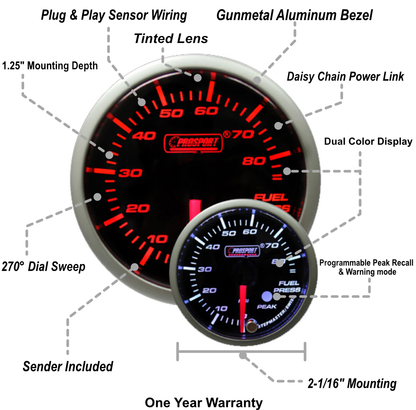 Prosport 2-1/16" Premium Amber/White Fuel Pressure Gauge