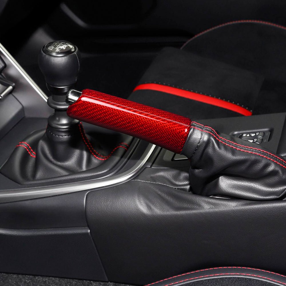 Manija de freno de mano JDMuscle [WRX 22-25 / WRX/STI 15-21 / BRZ/GR86 22-25] de fibra de carbono - Negra/Roja/Forjada 