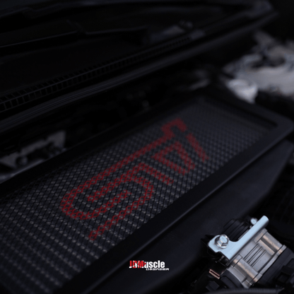 JDMuscle [22-25 WRX] Top Mount Intercooler Mesh Guard with WRX/STI Logo-Red/White