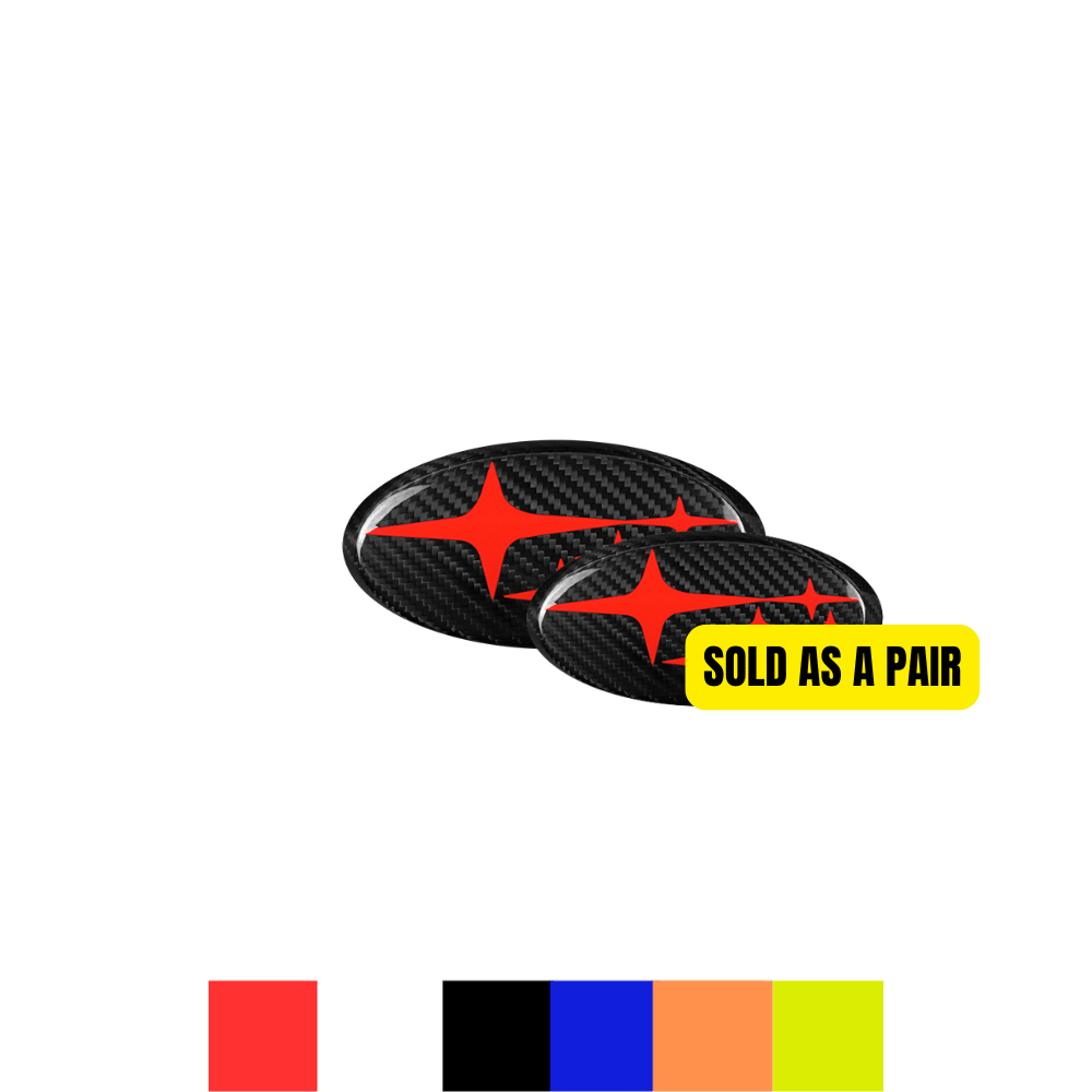 JDMuscle [WRX 22-25, WRX/STI 15-21, Crosstrek 18-23, Impreza 17-24] Emblemas de Subaru Tanso de fibra de carbono, delanteros y traseros, rojo/blanco/azul