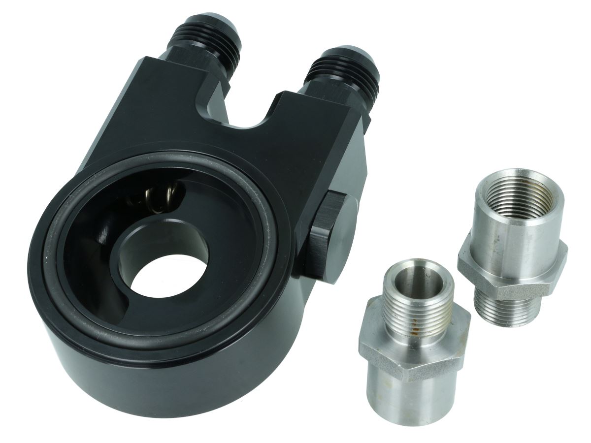 BOOST Products Oil Filter Sandwich Adapter with Thermostat (70 C) and 4x ORB Dash 8 Ports - satin black (OF-D8-B)