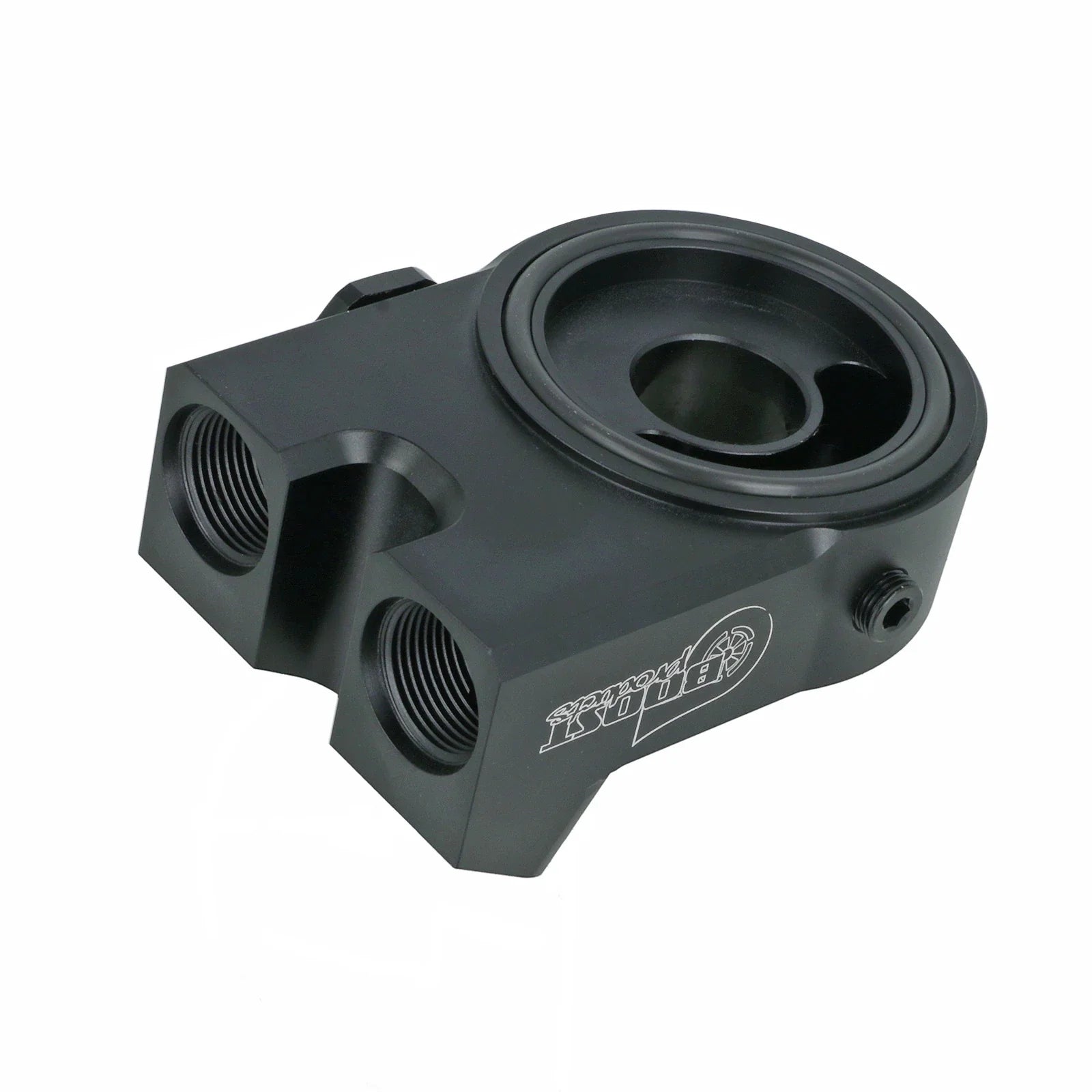 BOOST Products Billet Oil Filter Sandwich Plate Adapter  w/ Thermostat, black anodized (OF-M22-BM)