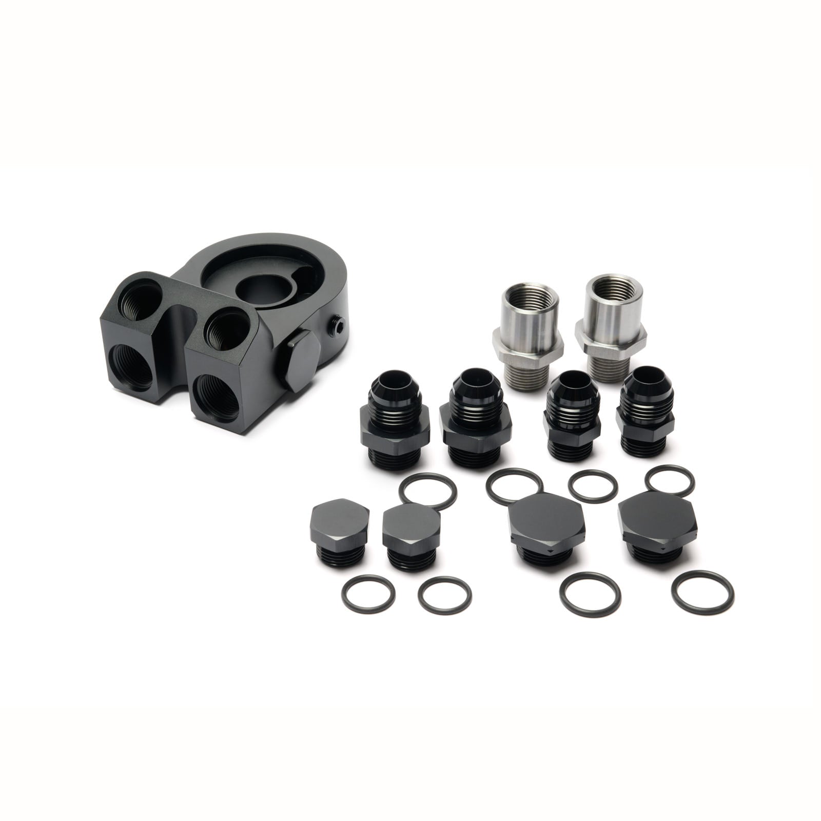 BOOST Products Billet Oil Filter Sandwich Plate Adapter  w/ Thermostat, black anodized (OF-M22-BM)