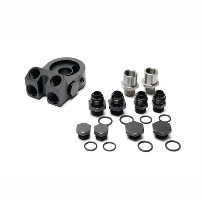 BOOST Products Billet Oil Filter Sandwich Plate Adapter  w/ Thermostat, black anodized (OF-M22-BM)