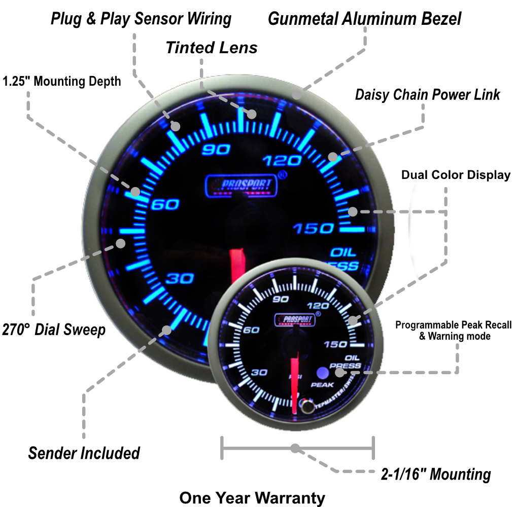 Prosport 2-1/16" Premium Blue/White Oil Pressure Gauge