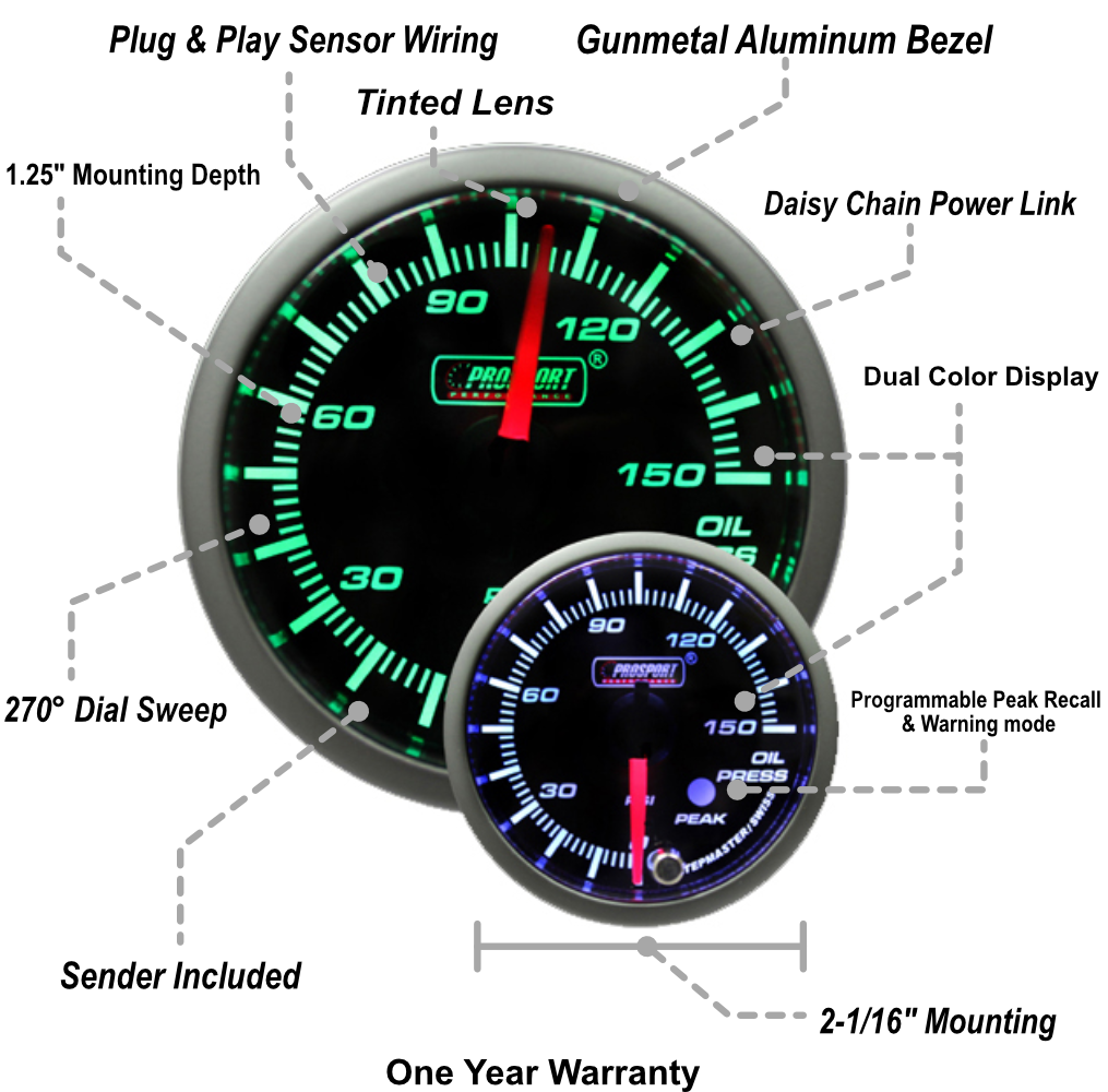 Prosport 2-1/16" Green/White Premium Oil Pressure gauge