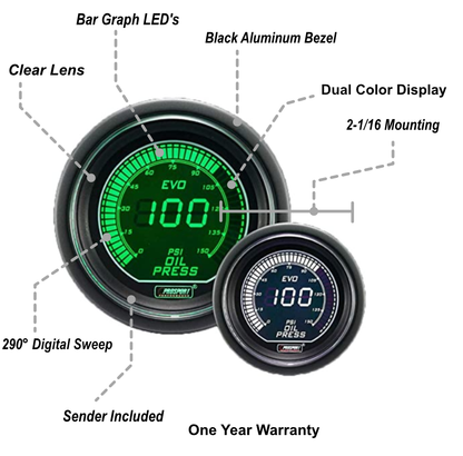 Prosport 2-1/16" Evo Electrical Green/White Oil Pressure Gauge-