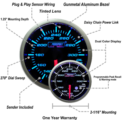 Prosport 2-1/16" Premium Blue/White Oil Temperature Gauge