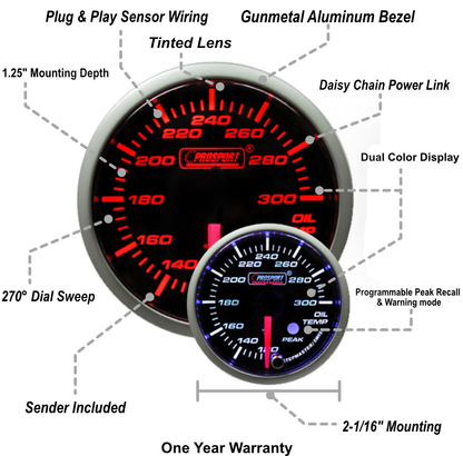 Prosport 2-1/16" Premium Amber / White Oil Temperature Gauge