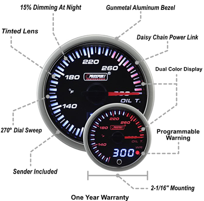 Medidor de temperatura de aceite eléctrico JDM Prosport de 2-1/16"