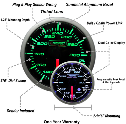 Prosport 2-1/16" Green/White Premium Oil Temperature Gauge