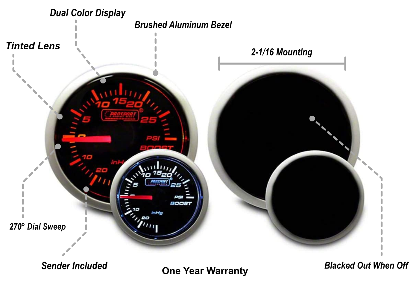 Prosport 2-1/16" Amber / White  Electrical Boost Gauge