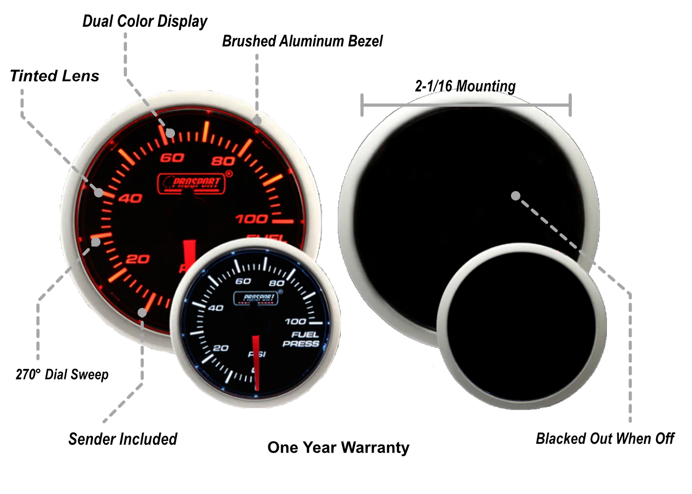 Prosport 2-1/16" Amber / White -  Fuel Pressure Gauge