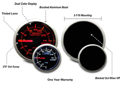 Prosport 2-1/16" Amber / White Mechanical Boost Gauge