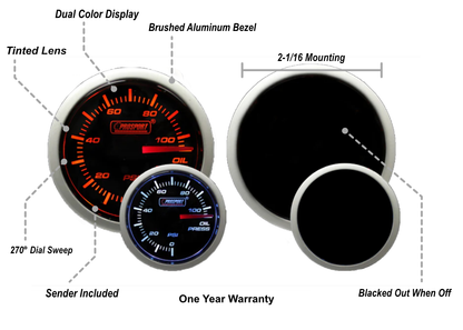 Prosport 2-1/16" Amber / White -  Electrical Oil Pressure Gauge