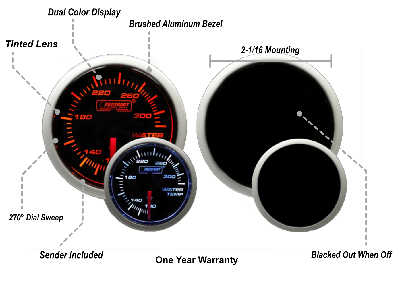 Prosport 2-1/16" Amber / White - Electric Water Temperature Gauge