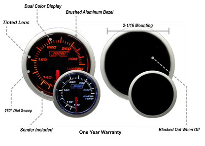 Prosport 2-1/16" Amber / White - Electric Water Temperature Gauge