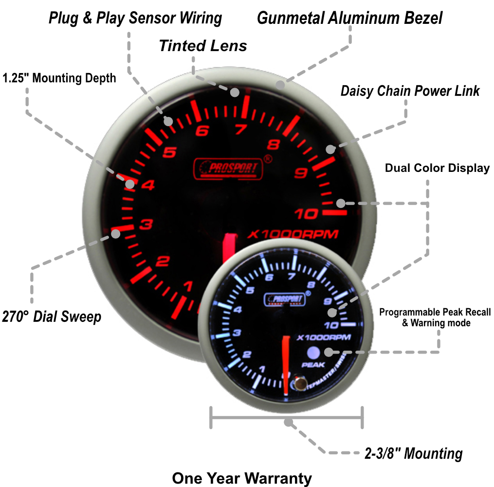 Prosport 2-3/8" Amber/White Premium Tachometer